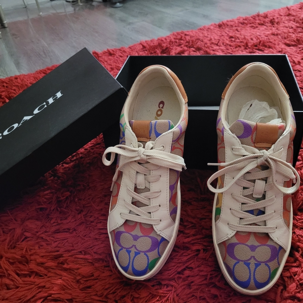 Coach canva sneakers, women's size 10. Tan with rainbow C's.